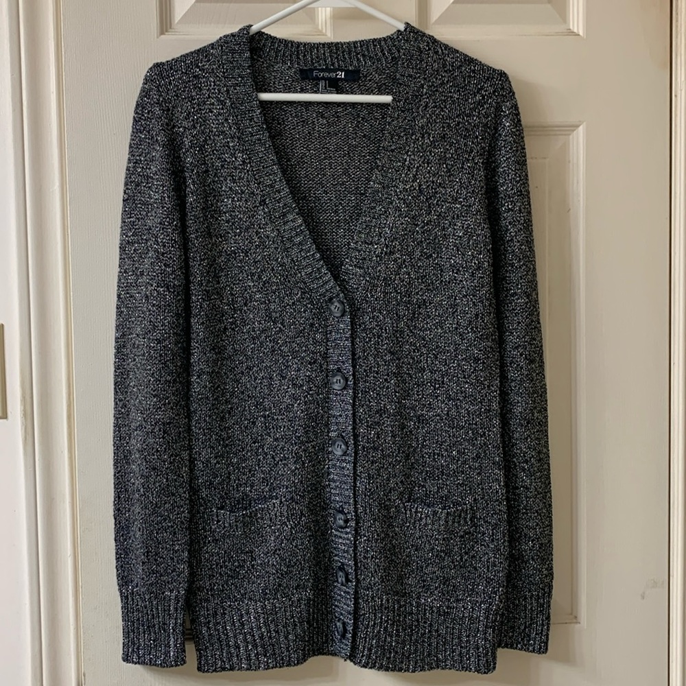 🌷3 for $25🌷 Forever 21, US S, Black & Silver Sparkly Long Sleeve V-Neck Cardigan